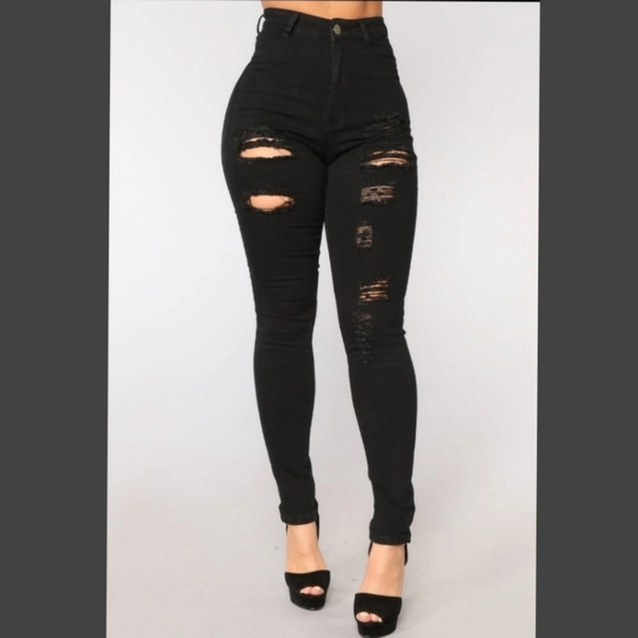 Women's Black Distressed Jeans - Picture 1 of 4